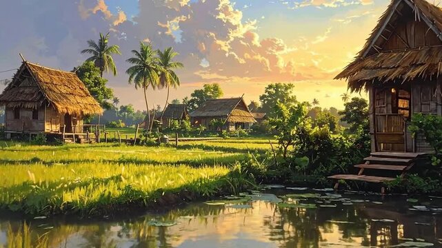 Picturesque rural scene featuring traditional thatched-roof huts nestled amidst lush rice fields under a vibrant sunset.