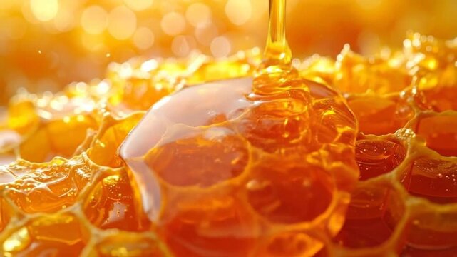 Close-up shot of golden honey pouring onto a honeycomb, showcasing natural sweetness and texture.