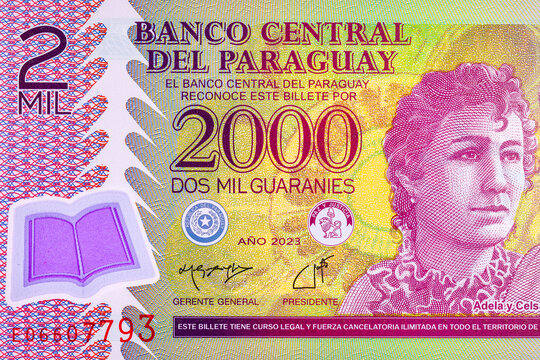 2000 Guaranies Paraguay banknote with portrait of Adela. Polymer money. New money of Paraguay.