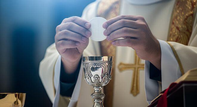 Corpus Christi, A close-up, reverent shot of a priest's hands, adorned with sacred vestments, carefully holding a delicate, white consecrated host over an ornate silver chalice