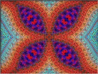 A vivid abstract study centred on a glowing red oval, its surface pulsing with quiet intensity. Around it, fluid blue currents twist and spiral, creating a sense of motion and energetic drift.  © derek oldfield