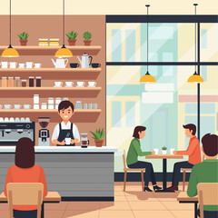 Fototapeta premium Barista serving coffee to customers in a cozy modern cafe interior with large windows