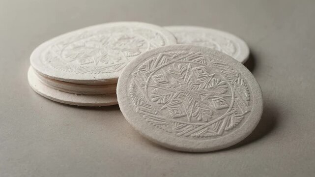 Medium shot closeup of embossed disposable paper coasters capturing detailed patterns on thick absorbent paperboard adding an elegant touch to beverage presentations.