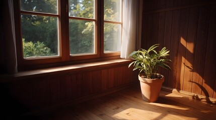 Fototapeta premium Warm sunlight streams through a window illuminating a potted plant in a cozy wooden room