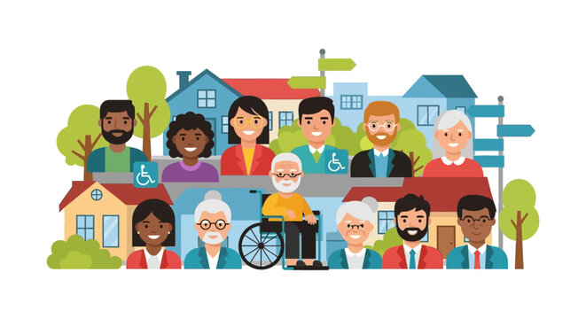Happy Diverse Community Living Together: Inclusive Neighborhood Vector Illustration with People of All Ages and Abilities