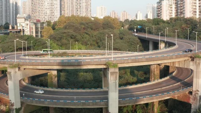 Chongqing Elevated Highway Interchange with City Skyline