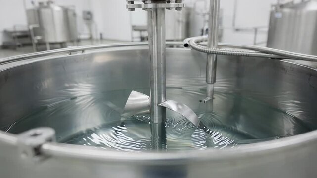 Medium shot of a topentry mixer blending a clear liquid in a clean agitated mixing tank with smooth impeller motion and visible swirling patterns inside.