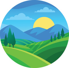 Obraz premium Flat Design Landscape Illustration with Mountains and Sun