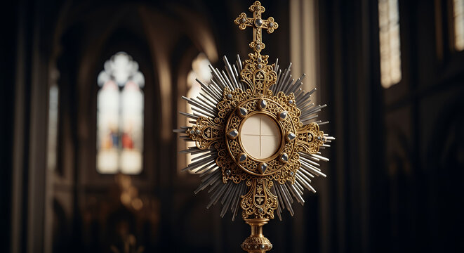 Corpus Christi, A meticulously crafted monstrance, adorned with intricate gold filigree and precious stones