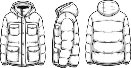 Three views of a white puffer jacket with multiple pockets and a hood buttons © Hey there