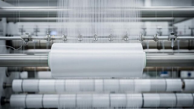 Medium shot of fine denier spandex filament spinning showcasing delicate elastic threads being precisely oiled and wound onto spools in a hightech manufacturing setting.