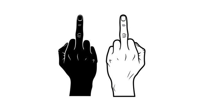 Middle Finger Gesture Icon - Black and White Silhouette and Outline