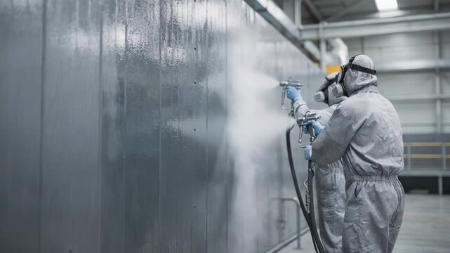 Medium shot of technicians spraying a protective lowPAH coating on industrial metal surfaces showcasing innovative safer alternatives to traditional coal tar products.