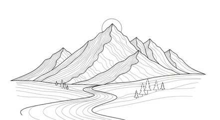 Detailed Pencil Sketch of Mountain Range Landscape. © Bengil