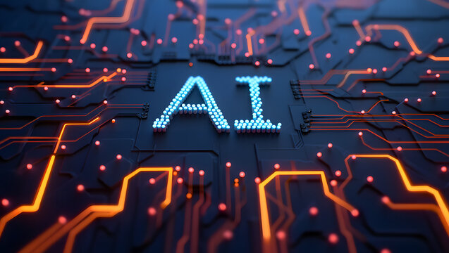 AI Blueprint: A close-up view of an intricate circuit board, pulsing with vibrant orange energy that forms the initials AI, signifying the fusion of technology and innovation.