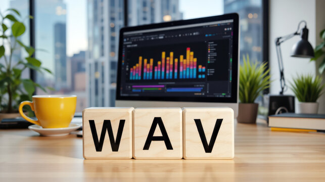 WAV audio format and waveform audio file theme for sound recording, music storage, media editing, playback workflow, file conversion and audio content management across creative work