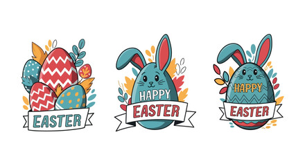 Easter-themed illustrations featuring bunny and eggs in decorative elements from various viewpoints