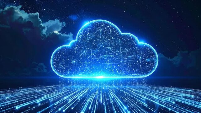 Abstract digital cloud comg concept with glowing lines and data streams against a dark background.