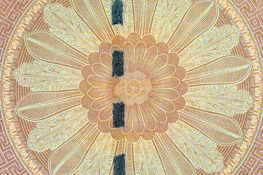 200 Pounds Syrian Banknote with a fragment of the central floral-like rosette ornament. Money of Syria. Currency of Asia.