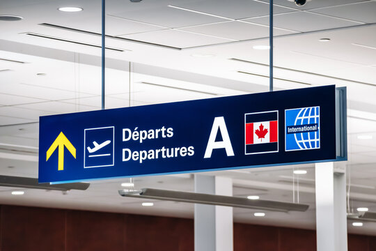 Montreal, Canada - August 25, 2025: Departures sign for international flights in terminal A at Montreal Trudeau International Airport