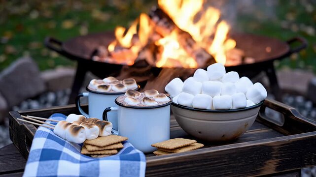 Hot chocolate and marshmallows by campfire in evening