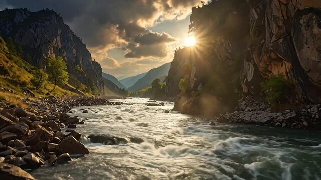 A scenic river flows through a dramatic canyon, with y cliffs and a cloudy sky.