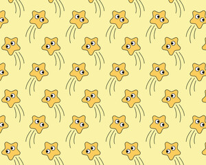Pattern of yellow meteorites. Cute funny star characters. Vector illustration in flat style. © Mayartlab