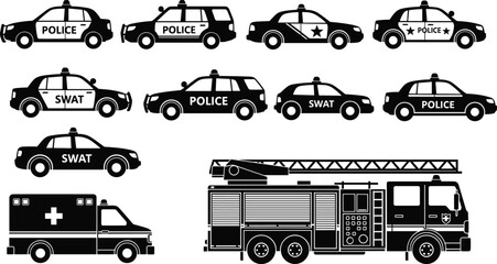 Collection of emergency vehicle silhouettes, police cars, SWAT trucks, ambulance, fire truck artwork, law enforcement and rescue design illustration © Fenshi