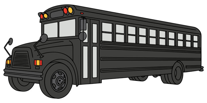 A cartoon style illustration of a black school bus with red and yellow lights