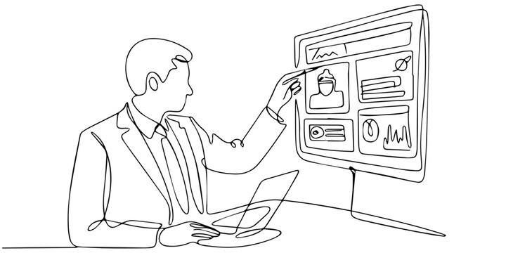 continuous one line drawing Vector illustration of businessman analyzing data on computer screen