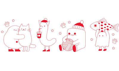 Obraz premium Cute cartoon cat icons set in winter clothes vector illustration isolated on white background