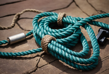 Fototapeta premium Coiled Blue Rope on Textured Stone Surface