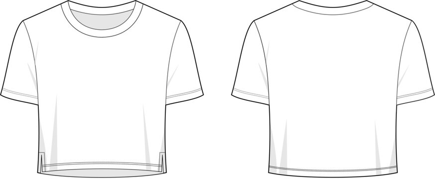 Cropped athletic T-shirt design template. Clean professional mockup front and back view. The illustration highlights key garment construction details such as the ribbed crew neckline & short sleeves.