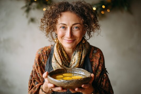 Woman smiling, holding bowl of ponche with lemon slices. Warm, inviting expression, cozy indoor setting with Christmas tree lights. Concept of hot fruit punch festive Mexican traditional.