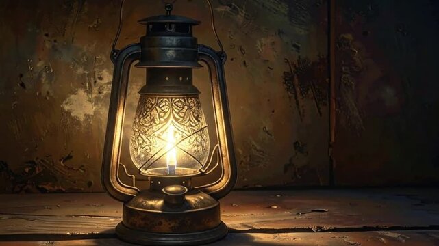 An antique lantern glows brightly, casting warm light against a rustic background.