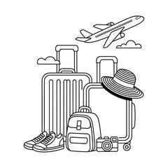 Travel preparation with luggage airplane hat backpack camera and shoes isolated on transparent background