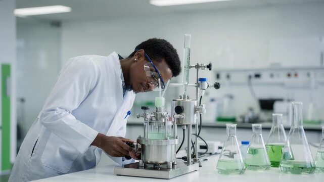 Medium shot of researcher adjusting controls on a small reactor vessel while mixing plantbased esters emphasizing green chemistry processes for eco lubricant formulation.