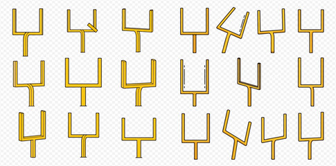 Collection of golden football goalposts in various angles and conditions, isolated on transparent background for sports design. © MuammarAuliyan