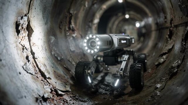 Medium shot of a handheld camera probe robot navigating narrow pipes capturing detailed footage of corrosion spots inside the reactor infrastructure.