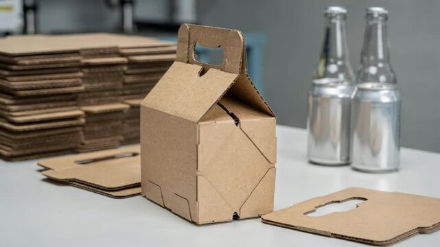 Medium shot capturing the process of forming paperboard carriers with ergonomic handles designed for convenient transport of assorted bottles or cans.