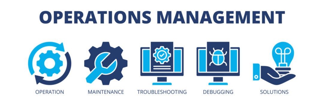 Operations Management web banner icon vector illustration concept for operational efficiency with icons of operations, maintenance, troubleshooting, debugging and solutions.
