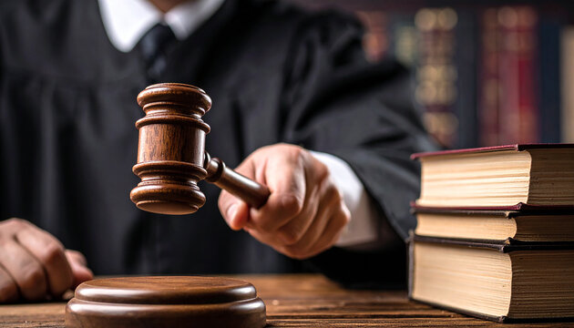 La mano de un juez con toga negra sosteniendo un mazo en la mesa del tribunal impartiendo justicia en un juicio, concepto de ley, sistema judicial, autoridad legal y veredicto, culpable o inocente