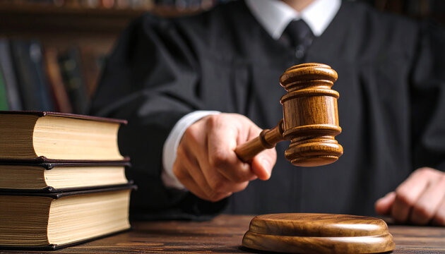 La mano de un juez con toga negra sosteniendo un mazo en la mesa del tribunal impartiendo justicia en un juicio, concepto de ley, sistema judicial, autoridad legal y veredicto, culpable o inocente
