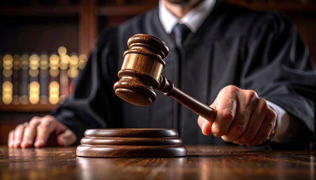 La mano de un juez con toga negra sosteniendo un mazo en la mesa del tribunal impartiendo justicia en un juicio, concepto de ley, sistema judicial, autoridad legal y veredicto, culpable o inocente