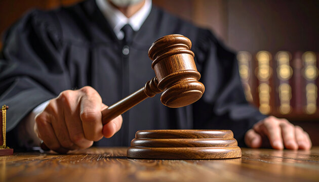 La mano de un juez con toga negra sosteniendo un mazo en la mesa del tribunal impartiendo justicia en un juicio, concepto de ley, sistema judicial, autoridad legal y veredicto, culpable o inocente