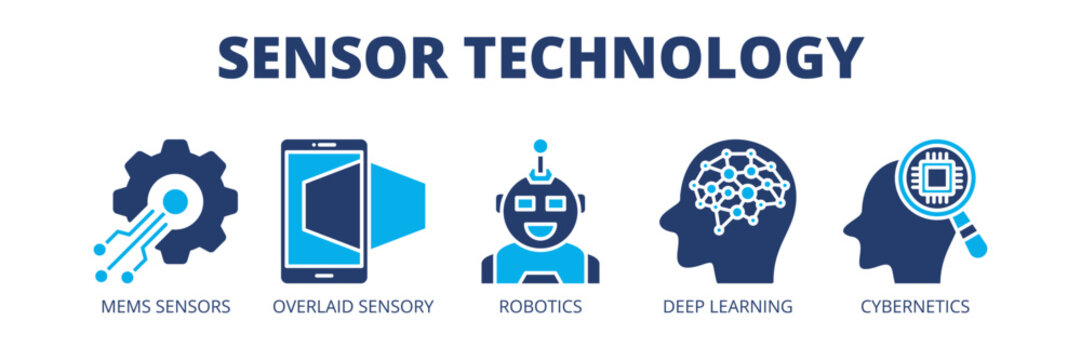 Sensor Technology web banner icon vector illustration concept for smart systems with icons of MEMS sensors, sensory systems, robotics, deep learning and cybernetics.