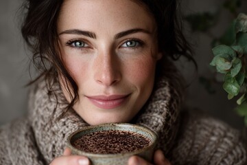 Naklejka premium Woman with fair skin, blue eyes, dark hair holding Tsokolate cup in cozy indoor setting with greenery. Concept of warm inviting atmosphere, hot chocolate drink Filipino traditional.