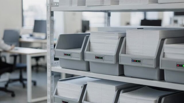 Medium shot of sensorized storage bins managing paper stock levels dynamically highlighting automated inventory control in a workspace.