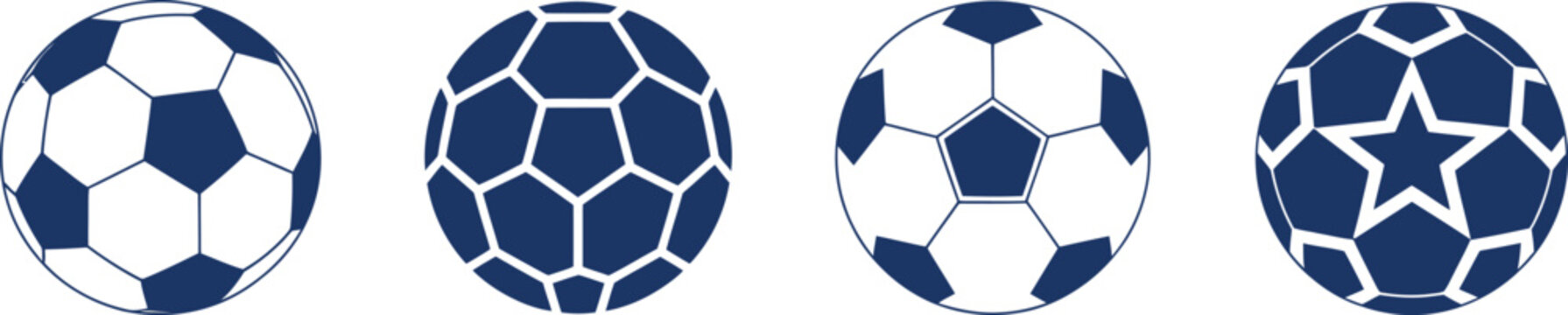 Four soccer balls with blue and white geometric patterns