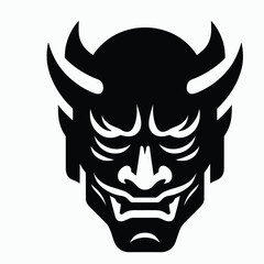 Fototapeta premium A black and white vector icon of a Japanese Oni mask with horns on a plain white background, conveying a strong and ominous presence.